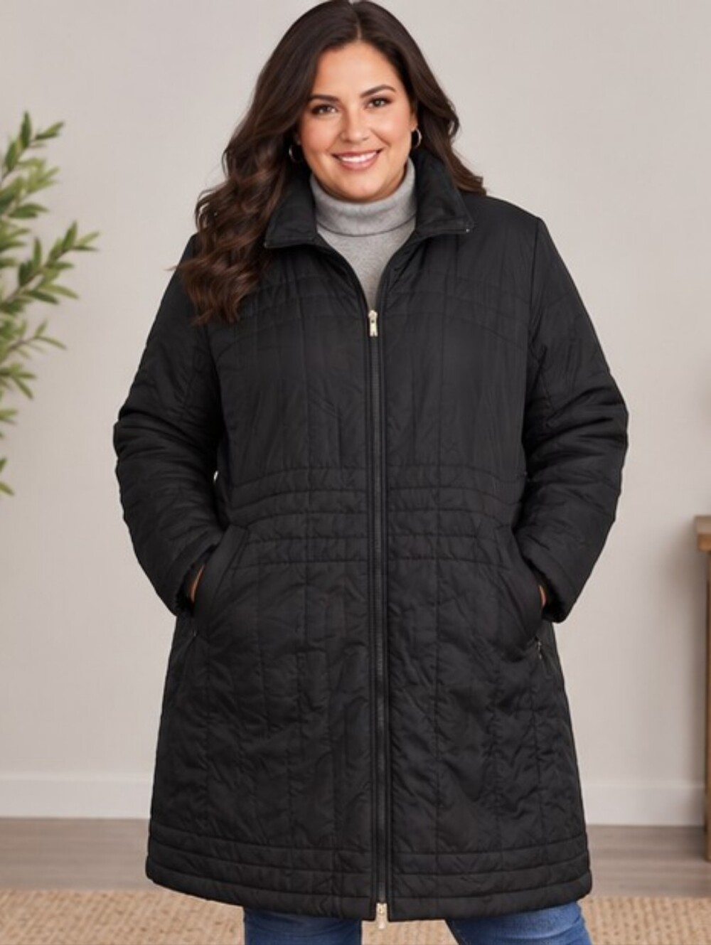 LAND'S END | 3X 24W 26W Black Long Quilted Hooded Winter Coat